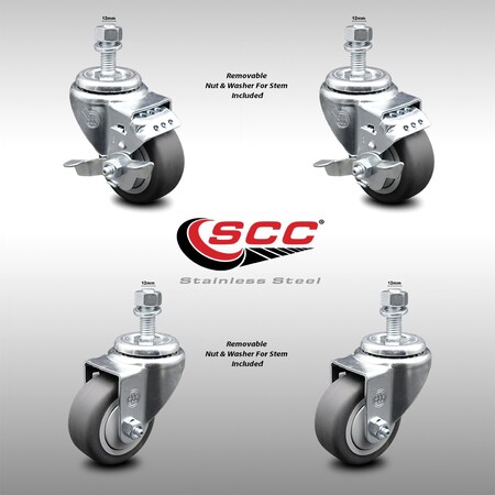 Service Caster 3 Inch SS Thermoplastic Rubber Swivel 1/2 Inch Threaded Stem Caster Brakes, 2PK SCC-SSTS20S314-TPRB-M1215-2-TLB-2